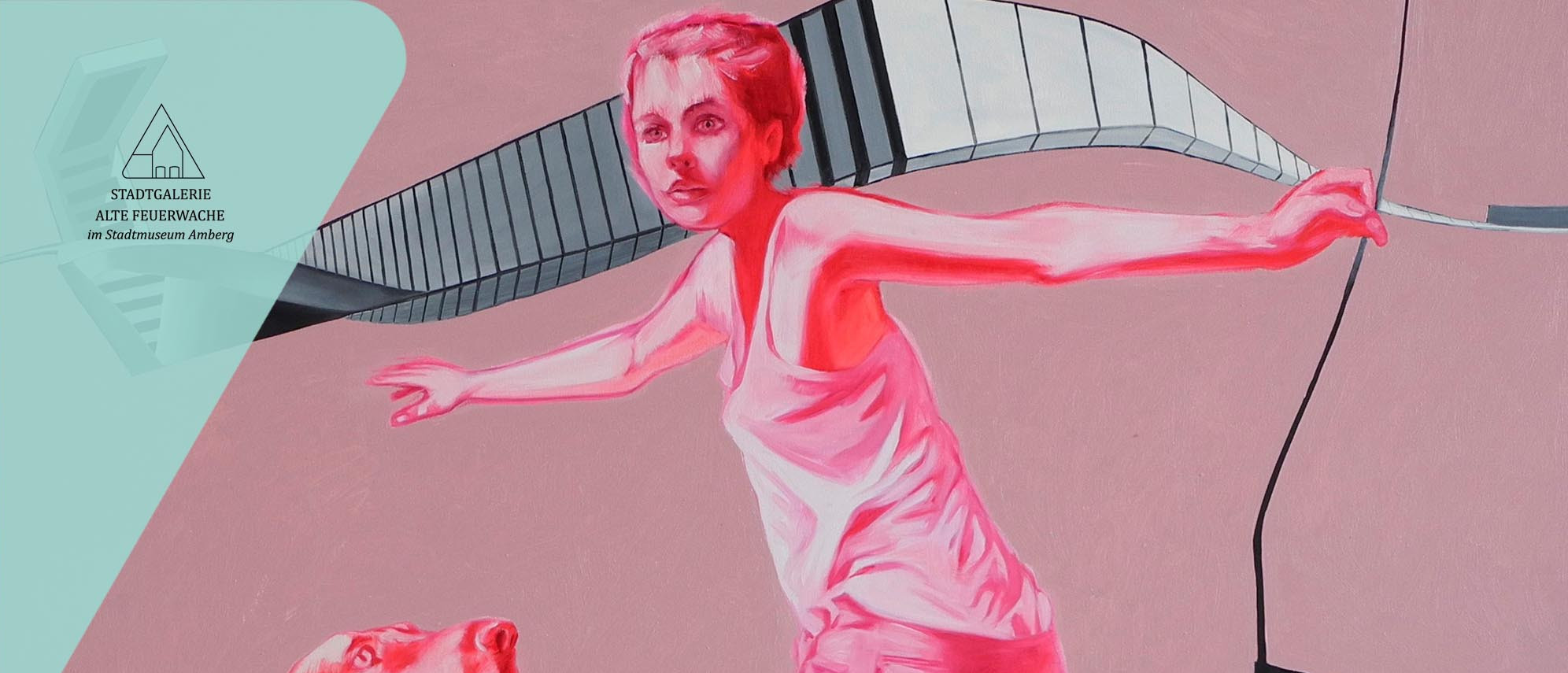 Detailausschnitt eines Kunstwerks von Oleg Kuzenko. Es zeigt auf rötlichem Grund in leuchtend pinker Farbe einen sitzenden Hund sowie rechts daneben eine stehende weibliche Figur. Im oberen Drittel ist zudem eine schwarz-weiße Querform zu sehen.