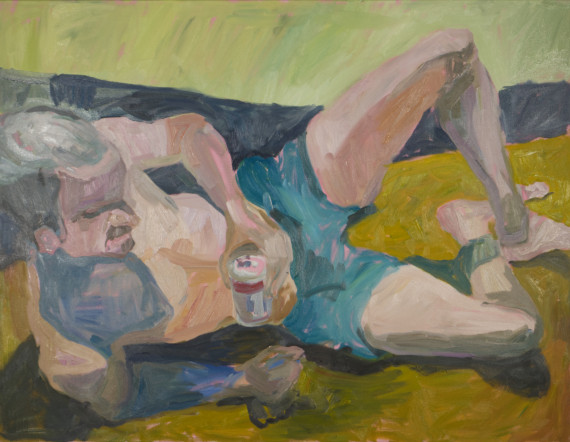 Gemälde eines liegenden Mannes in Shorts und mit einer Getränkedose in der Hand. In grünlich-gelben Farbtönen, mit bunten Schatten.