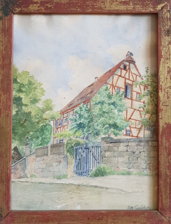 Aquarellierte Ansicht von einem Fachwerkwerkhaus hinter einer hohen Gartenmauer.