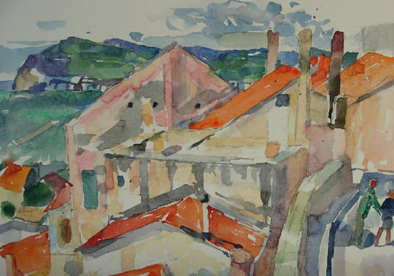Aquarellierte Ansicht der Küstenstadt Cervo, mit flottem Pinselstrich gemalt. Im Vordergrund Häuser, im Hintergrund Blick auf das Meer und eine Bucht.