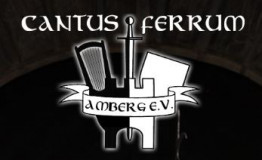 Logo vom Verein Cantus Ferrum mit stilisierter Harfe, Schwert, Wappen und Burg.