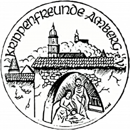 Rundes Logo mit Schriftzug Krippenfreunde Amberg e.V. in der Biegung und einer gezeichneten Krippe in der Amberger Stadtmauer darunter