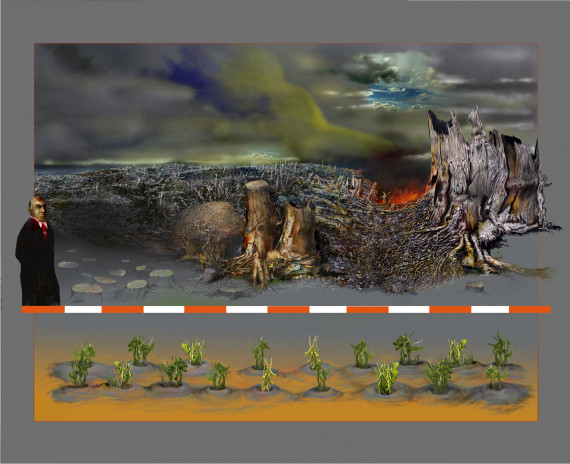 Computergenerierte Collage mit Bildausschnitten des gerodeten Regenwalds in der oberen Bildhälfte. In der unteren Bildhälfte gereihte Soja-Pflänzchen.