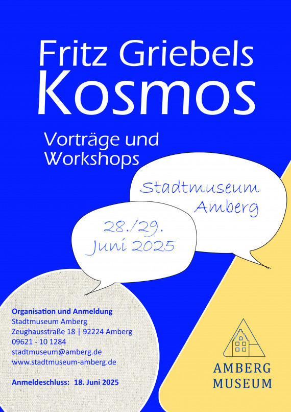 Plakat zum Workshop-Wochenende &quot;Fritz Griebels Kosmos&quot; mit Text und Sprechblasen