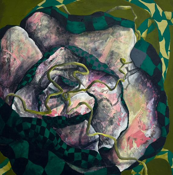 Bild mit abstrakten biomorphen Formen in Gr&uuml;n- und Rosat&ouml;nen