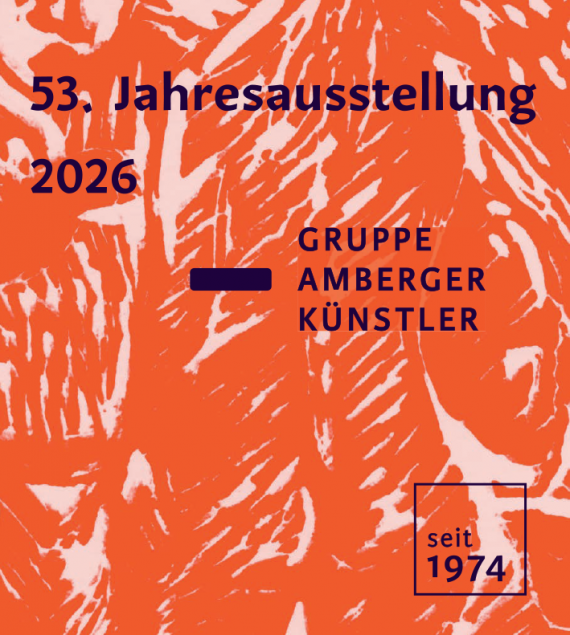 Schriftzug "53. Jahresausstellung 2026  Gruppe Amberger K&uuml;nstler" vor rot-wei&szlig; marmoriertem Grund