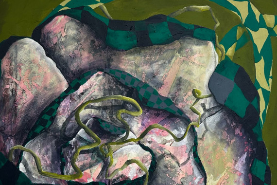 Detailausschnitt eines abstrakten Gem&auml;ldes in Gr&uuml;n- und Rosat&ouml;nen.