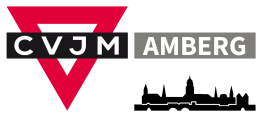 Wort-Bild-Logo: CVJM Amberg mit rotem Dreieck mit Spitze nach unten und schwarzer Stadtsilhouette