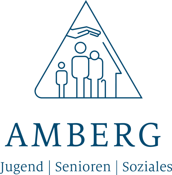 Wort-Bild-Logo: Dreieck mit drei Piktogrammenschen, dar&uuml;ber eine Hand, darunter der Schriftzug: Amberg, Jugend, Senioren, Soziales
