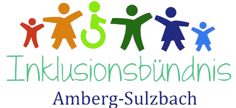 Wort-Bild-Logo: f&uuml;nf bunte Piktogramm-Menschen nebeneinander, der dritte im Rollstuhl, darunter in gr&uuml;n das Wort Inklusionsb&uuml;ndnis, darunter das Wort Amberg-Sulzbach in blau