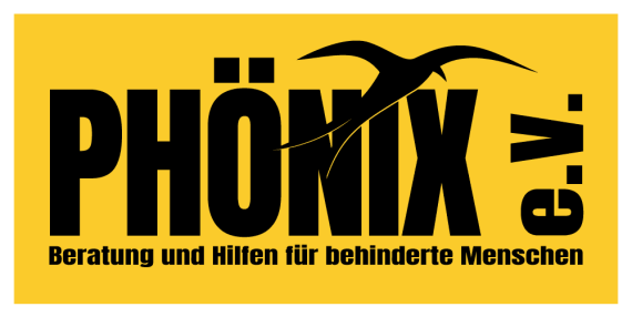 Wort-Bild-Marke: Ph&ouml;nix e. V. in fetter Schrift auf sonnengelbem Grund, darunter die Worte: Beratung und Hilfen f&uuml;r behinderte Menschen. Dar&uuml;ber fliegt in schwarz ein stilisierter Ph&ouml;nix.