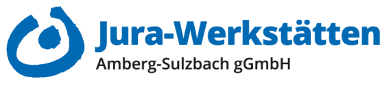 Wort-Bild-Marke: Blauer Kringel mit blauem Punkt darin, daneben in blau das Wort Jura-Werkst&auml;tten, darunter in schwarz Amberg-Sulzbach gGmbH