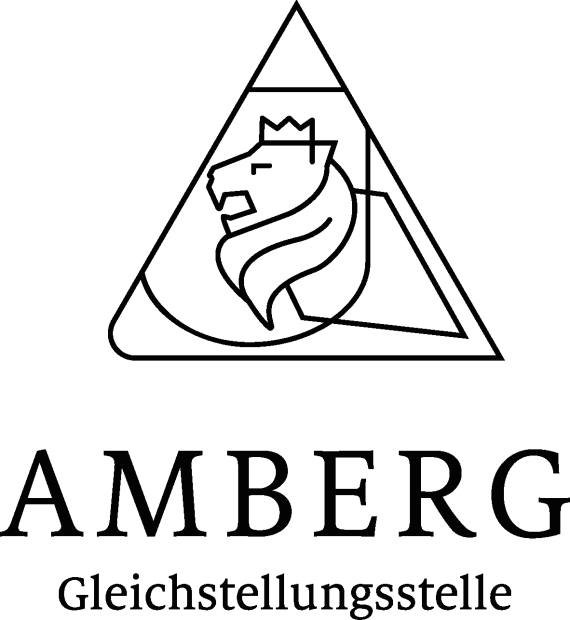 Wort-Bild-Logo: Dreieck mit einem stilisierten L&ouml;wen mit Krone in einer Wappenform, darunter der Schriftzug: Amberg Gleichstellungsstelle