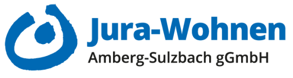 Wort-Bild-Marke: Blauer Kringel mit blauem Punkt darin, daneben in blau das Wort Jura-Wohnen, darunter in schwarz Amberg-Sulzbach gGmbH