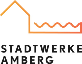 Wort-Bild-Marke: Stadtwerke Amberg in schwarz, dar&uuml;ber die stilisierte Silhouette eines Hauses mit gewelltem Dach daneben in orange-roter Linienfarbe
